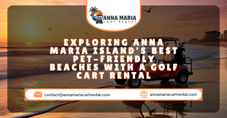 A happy dog sitting in a golf cart on Anna Maria Island, with a scenic beach view in the background.