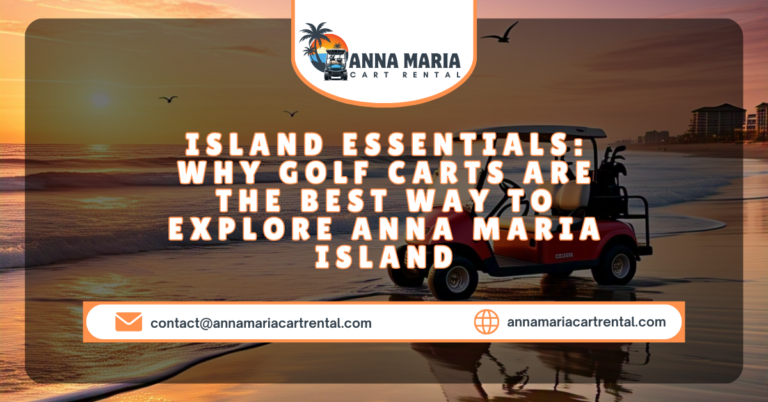 Electric golf cart parked near a beach on Anna Maria Island, Florida.