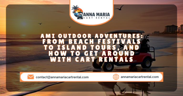 Golf cart parked on Anna Maria Island’s scenic beachside road with palm trees and ocean views.